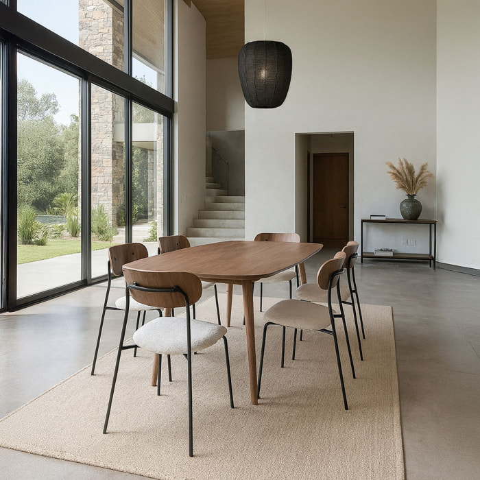 Ensemble table rectangulaire effet bois et 6 chaises écru