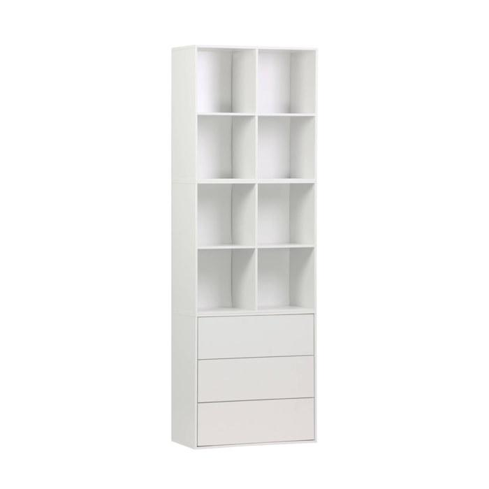 Etagère. bibliothèque modulable décor bois blanc 3 éléments - 3 tiroirs 8 niches L 70 x P 35 x H 210cm - Kompo