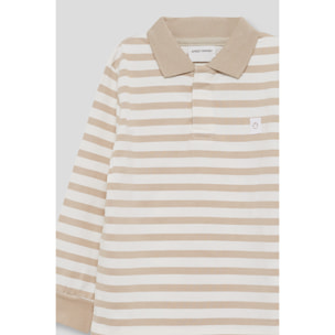 Polo niño de manga larga arena con rayas blancas, cuello de canalé y cierre parcial de botones | Color: Beige | Street Monkey