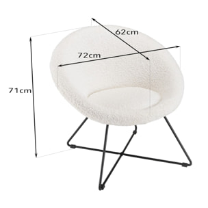 AGATHE - Fauteuil tissu bouclette blanc pieds croisés métal noir
