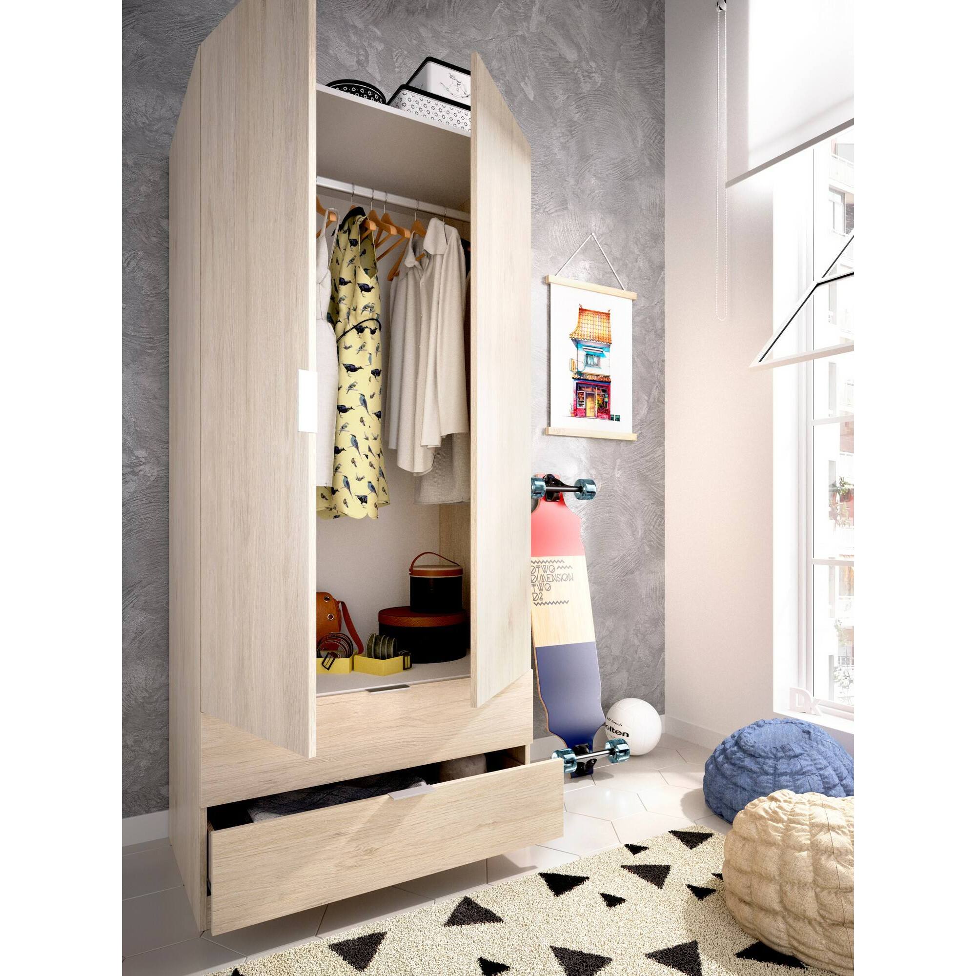 Guardaroba Pisanino, Mobile appendiabiti per camera da letto, Armadio a 2 ante battenti e 2 cassetti, 81x52h184 cm, Rovere