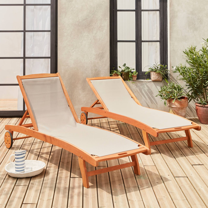 Bains de soleil en bois - Marbella Gris taupe - 2 transats en bois d'Eucalyptus huilé et textilène gris taupe