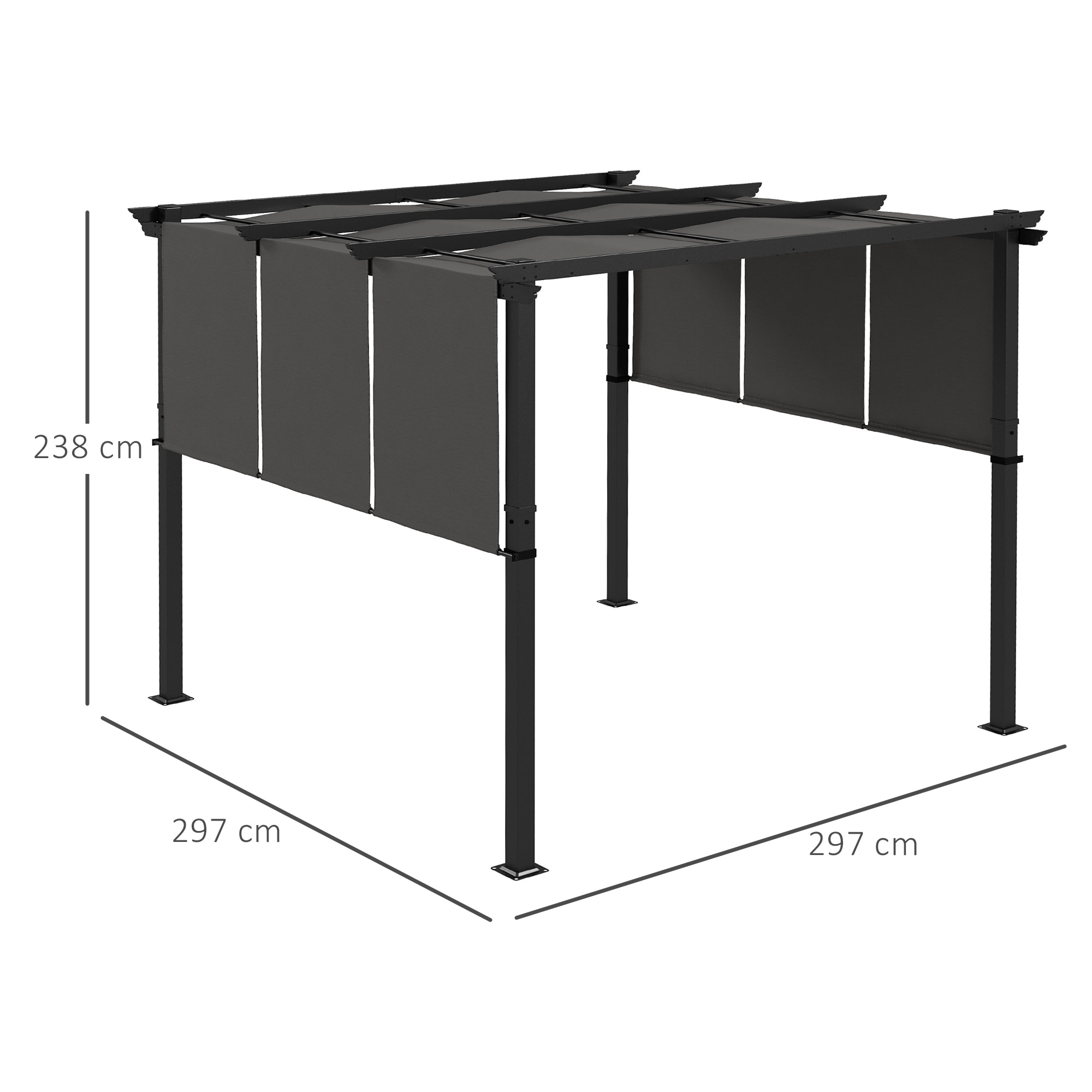 Outsunny Pérgola de Jardín 3x3 m Cenador para Exterior con Techo Retráctil Marco de Acero Impermeable y Anti-UV para Terraza Patio Gris Oscuro