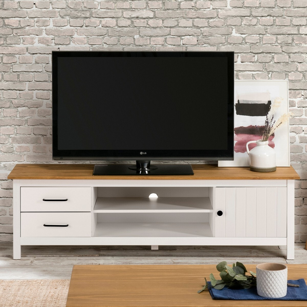 Meuble TV 1 porte 2 tiroirs en bois massif - IDA