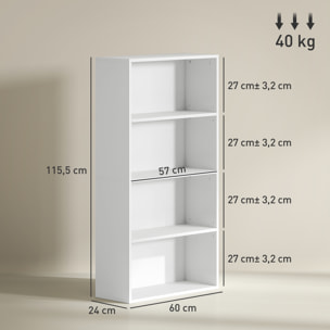 Librería de 4 Niveles Estantería de Libros con 2 Estantes Ajustables para Sala de Estar Oficina Dormitorio 60x24x115,5 cm Blanco