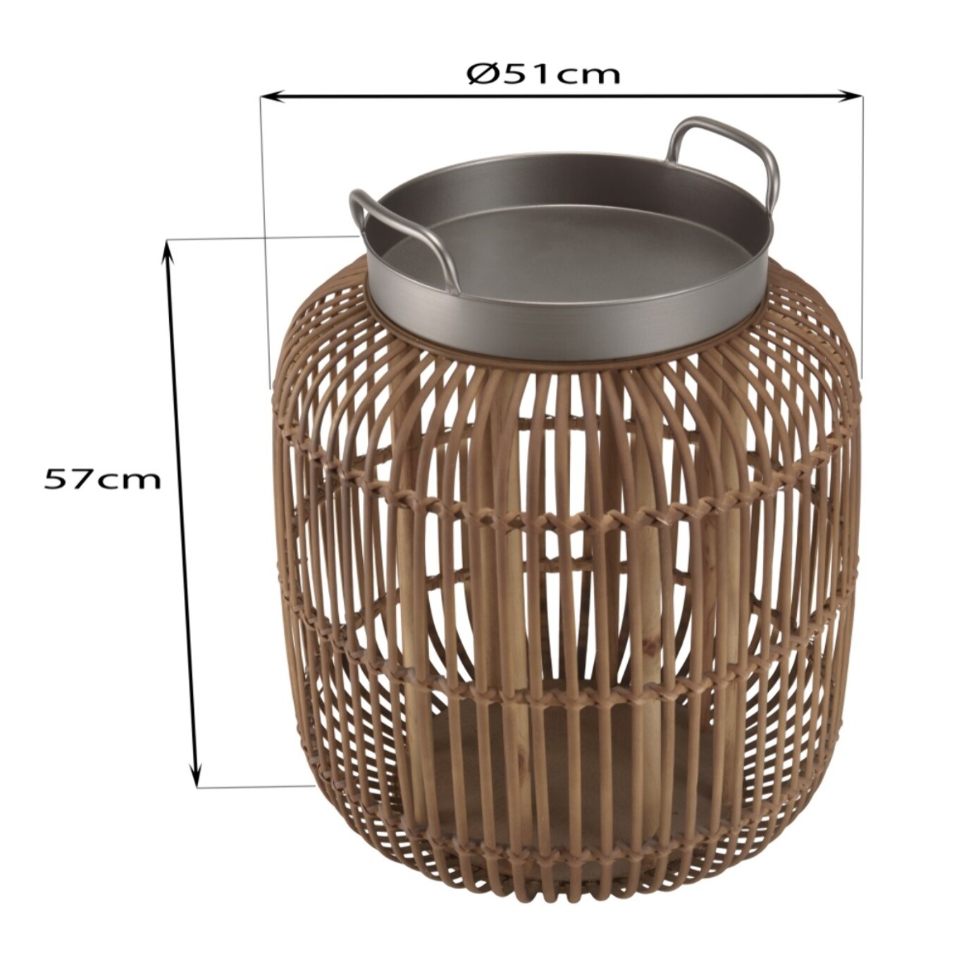 VICTOIRE - Table d'appoint cylindrique avec poignées 51x51cm plateau en métal noir piètement en rotin marron