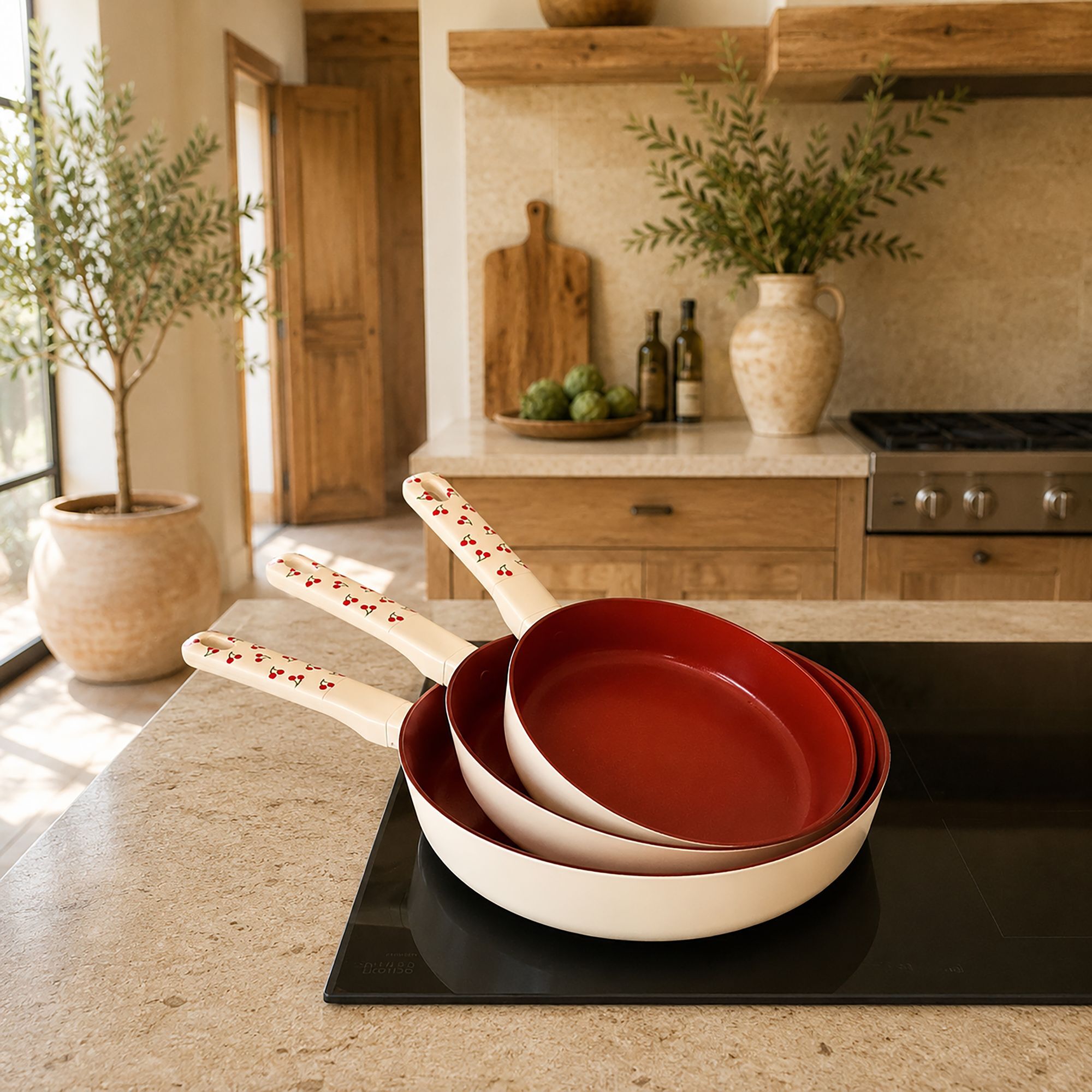 Set de 3 poêles en aluminium et motif cerise rouge CERISE