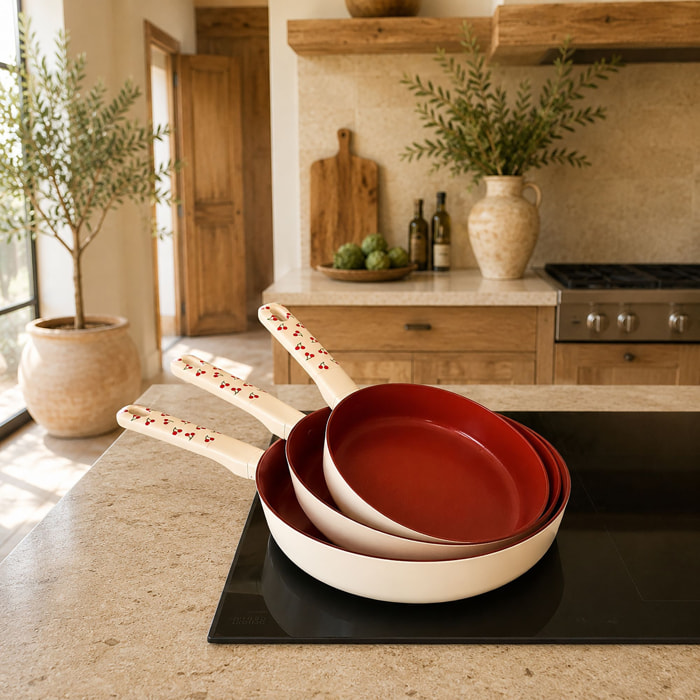 Set de 3 poêles en aluminium et motif cerise rouge CERISE