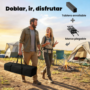 Mesa Plegable Camping, 93x55x68 cm, Mesa Plegable Portátil con Red de Almacenamiento, Encimera Enrollable de Aluminio, Marco Metálico, Bolsa de Transporte, para Acampar, Senderismo, Negro