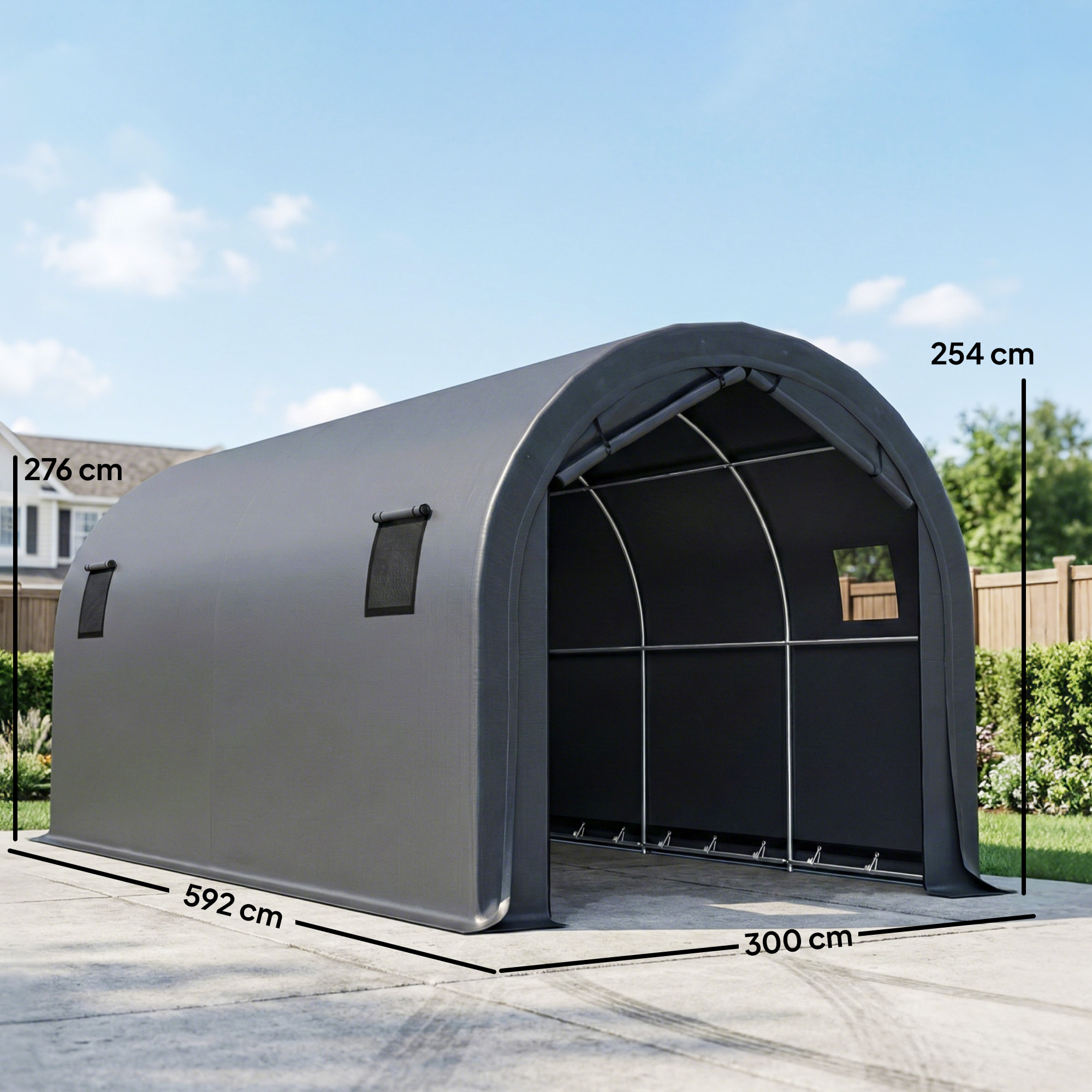 Carpa Garaje Portátil 3x6 m, Garaje Exterior para Coche Impermeable con Puerta Enrollable con Cremalleras y 4 Ventanas, Marco Metal Galvanizado, UPF 30+, Cobertizo de Almacenamiento, Gris