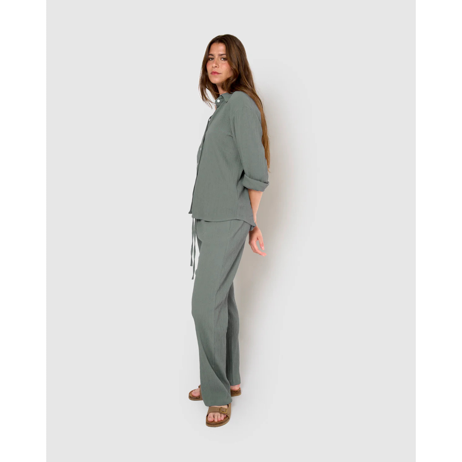 Pantalón algodón lino verde azulado