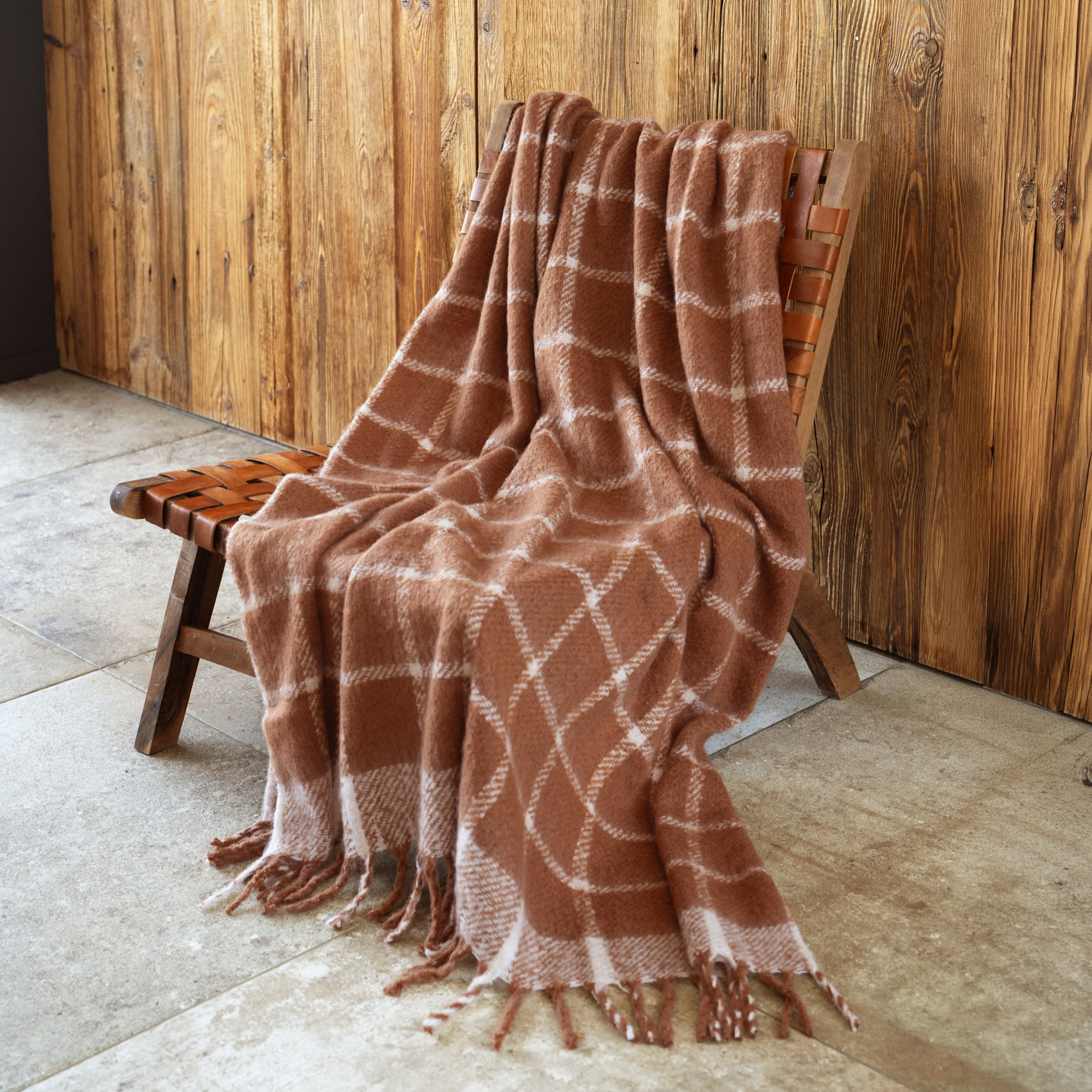 Plaid à carreaux aspect mohair avec franges - Marron Clair