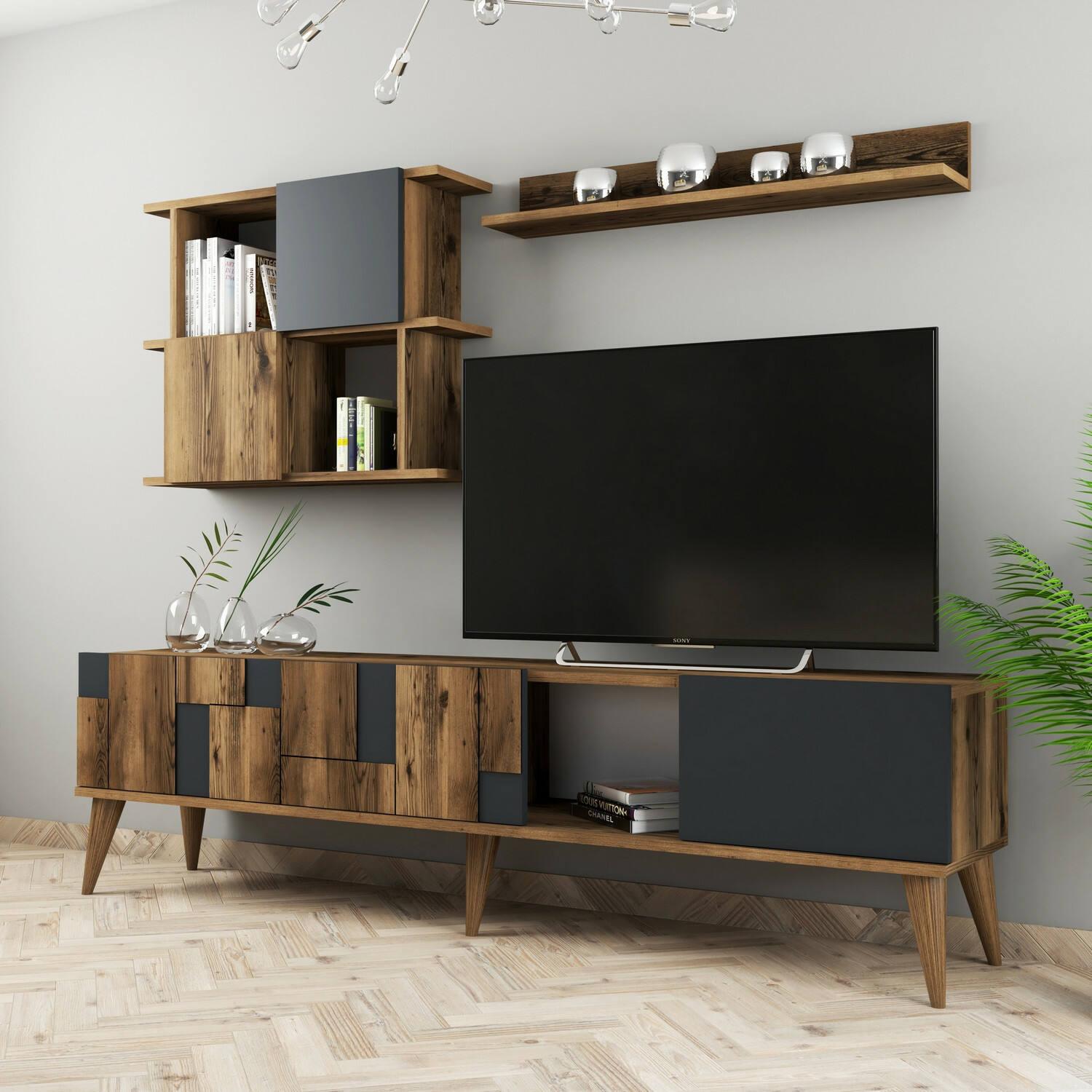 Mobile porta TV Docchiut, Credenza da soggiorno, Armadio basso per TV, Base parete attrezzata, 180x34h49 cm, Noce e Antracite