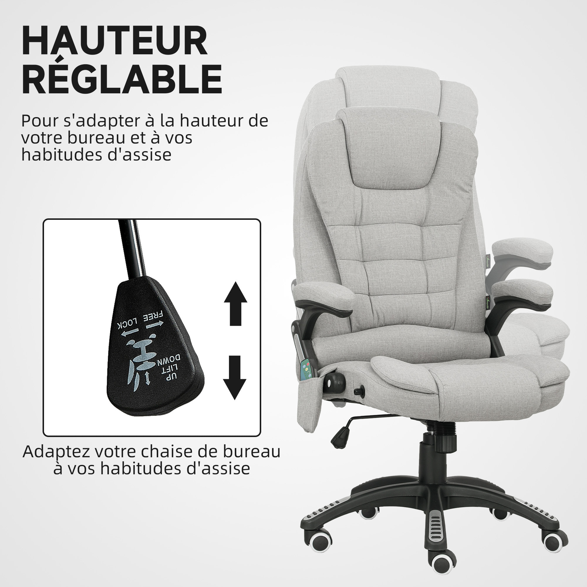 Fauteuil de bureau direction massant chauffant hauteur réglable dossier inclinable toile de lin gris clair
