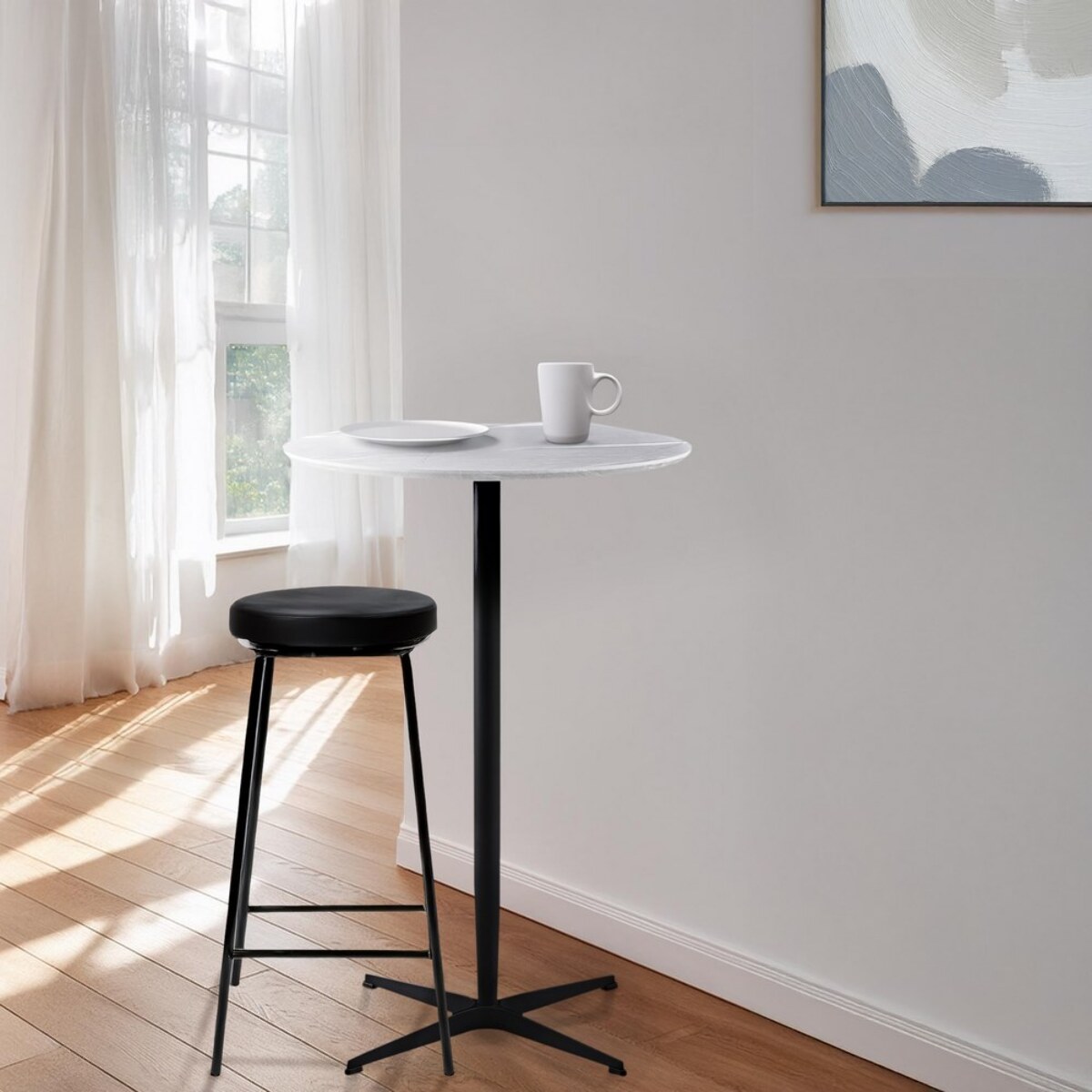 Tavolo alto da bar tondo con top in marmo grigio chiaro 70x70x104 cm - Rowan