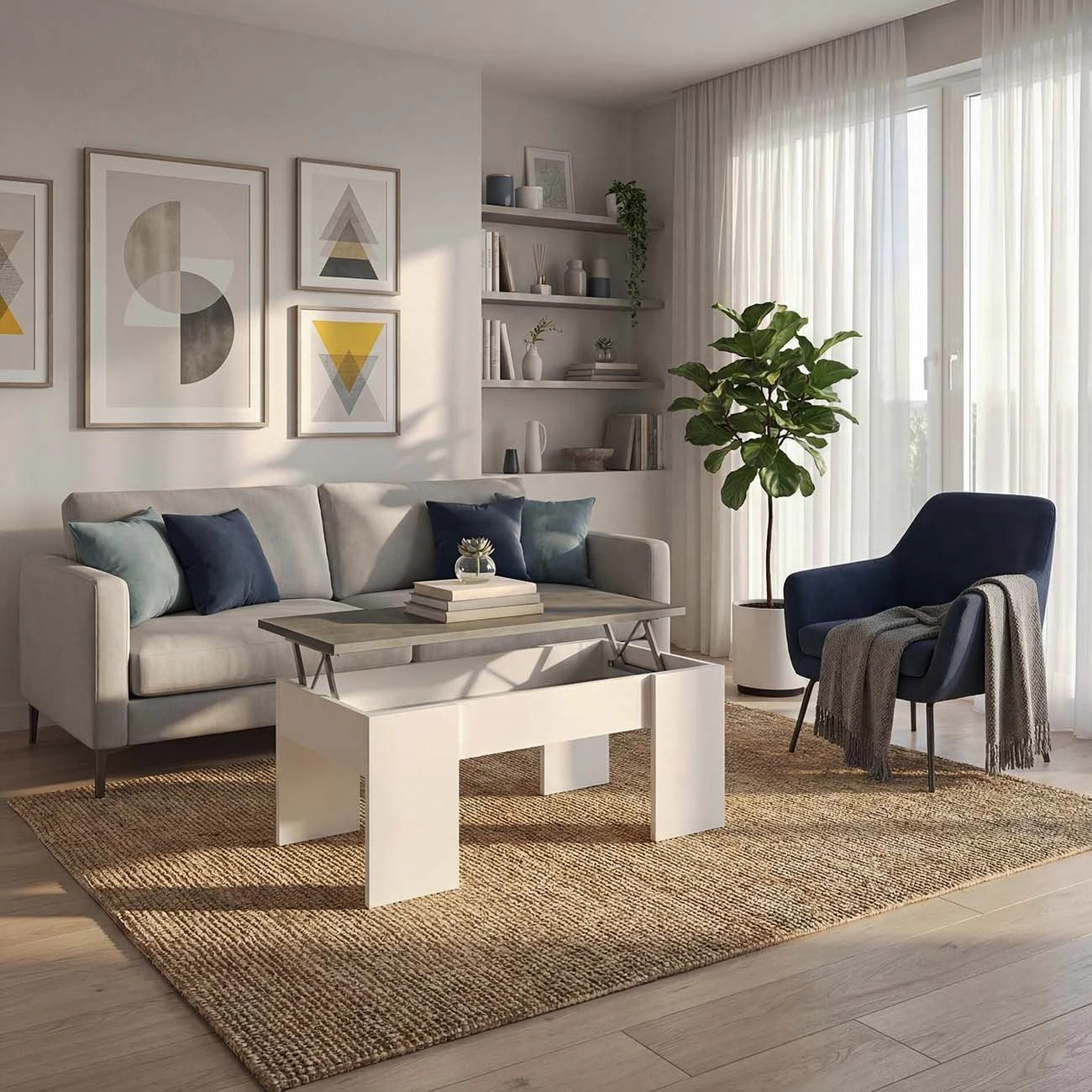 Mesa de centro elevable con almacenaje en blanco artick y gris cemento 100x45-56 cm Vita Blanco Artik (Blanco Mate) - Gris Cemento