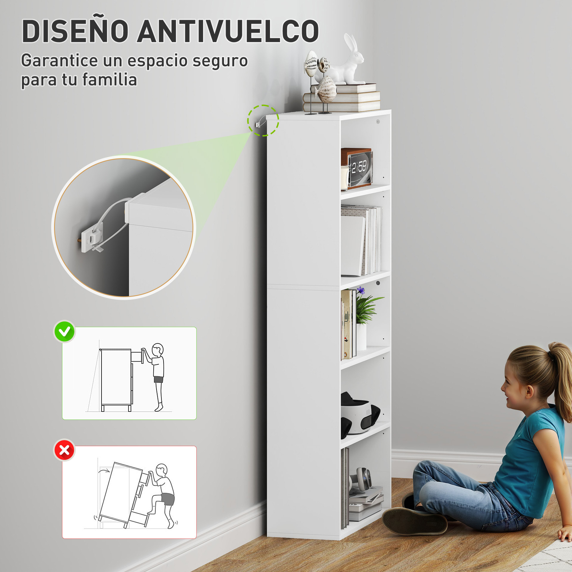 Librería de 5 Niveles Estantería de Libros con 3 Estantes Ajustables para Sala de Estar Oficina Dormitorio 60x24x133,5 cm Blanco