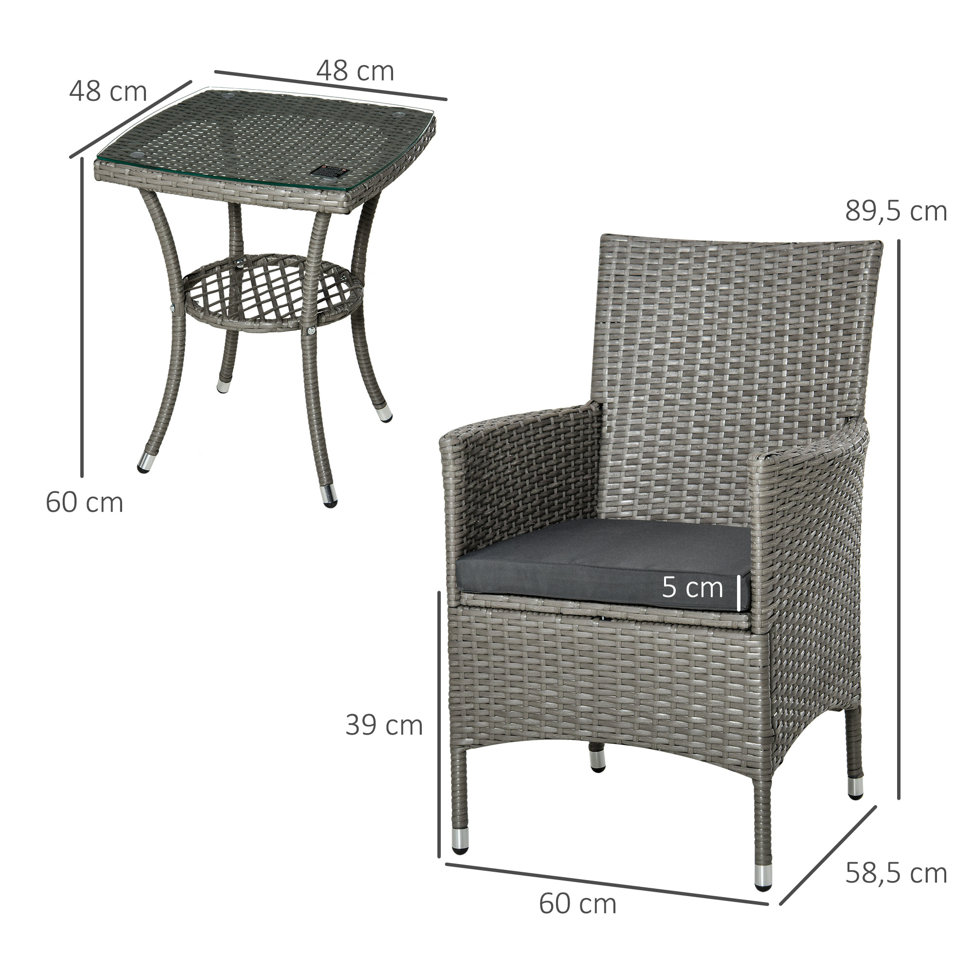 Conjunto Muebles para Exterior con 1 Mesa 2 Sillas con Cojines Blanco Set Gris