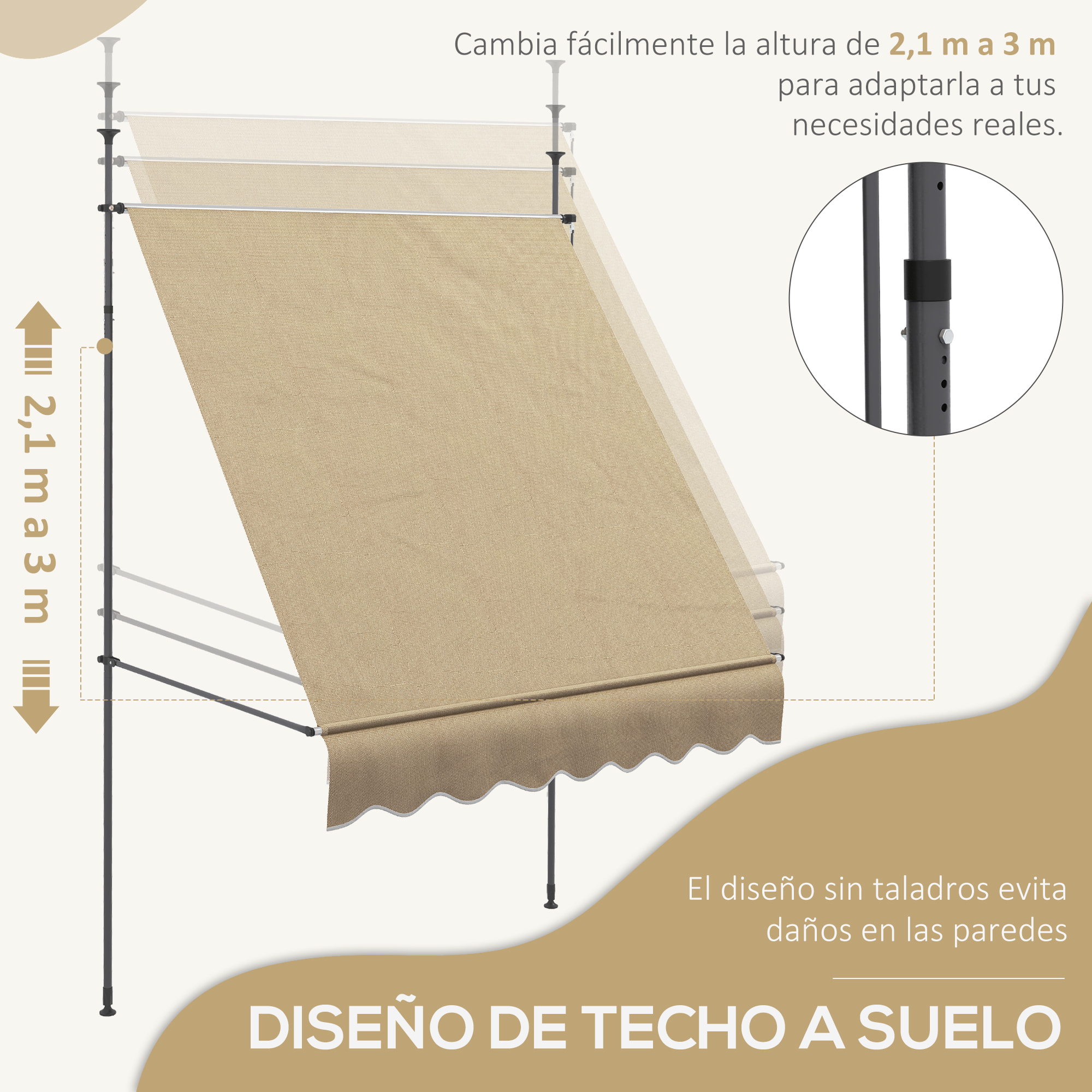 Toldo Manual Retráctil 2x1,2 m Toldo Exterior Terraza Enrollable Altura Ajustable con Manivela 210-300 cm Sin Taladro Protección UV30+ para Balcón Jardín Beige