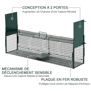 Piège de capture pour petits animaux type lapin rat - 2 entrées + poignée - dim. 100L x 25l x 28H cm - métal vert