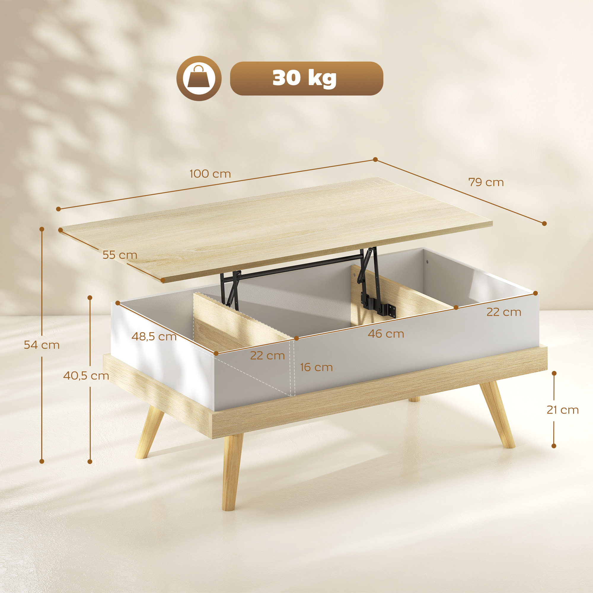 Mesa de Centro Elevable, Mesita de Salón con 3 Compartimientos de Almacenaje Ocultos y Patas de Madera, Mesa de Café para Oficina, Dormitorio, 100x79x54 cm, Natural y Blanco