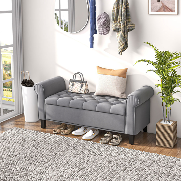 Banc coffre banquette coffre de rangement velours dim. 126 x 48,5 x 57 cm piètement bois hévéa noir gris