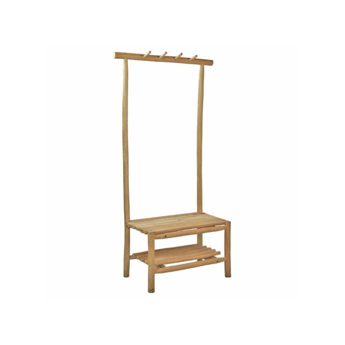 Portant d'entrée en bois de teck clair, H. 171 cm, 4 crochets, assise - BUNIA