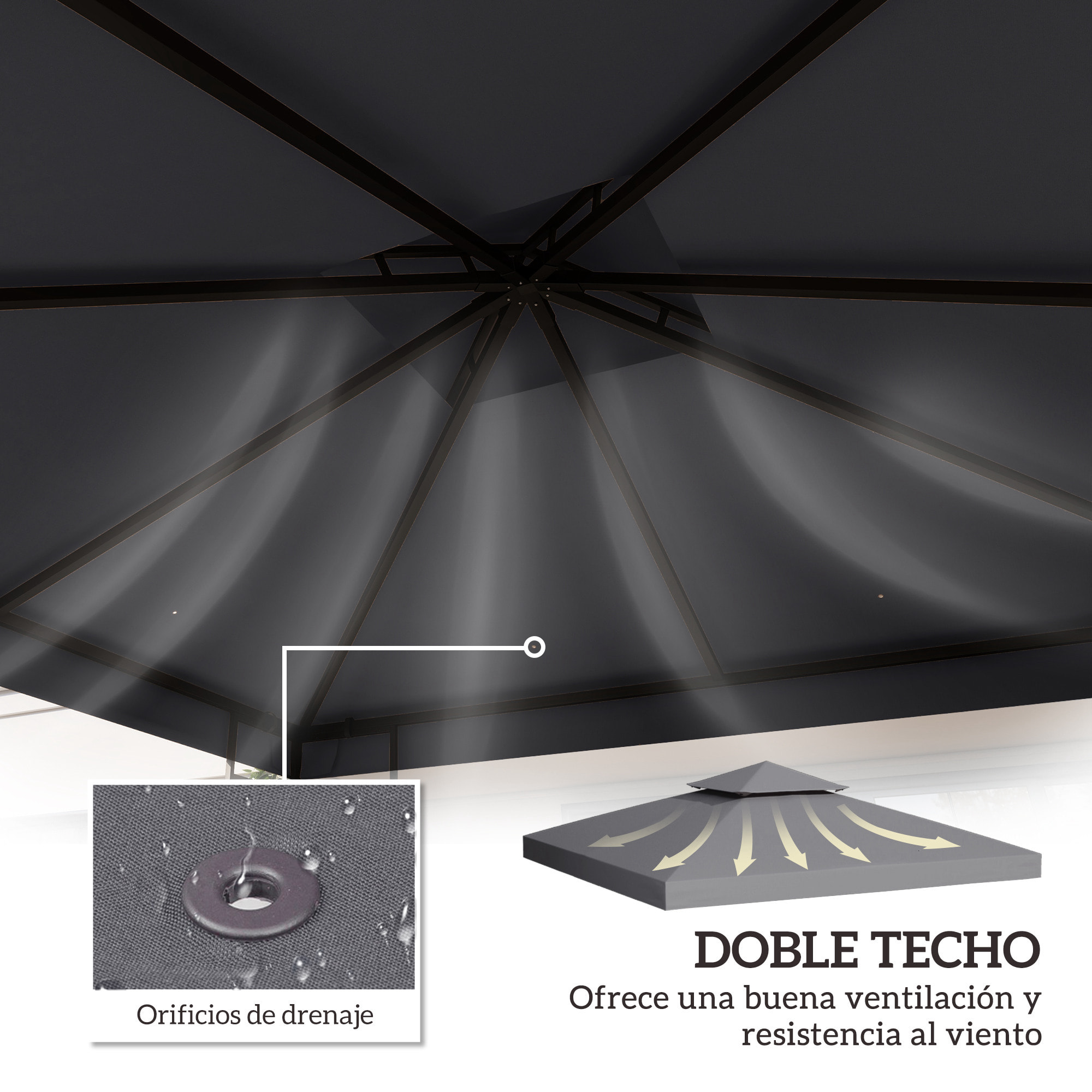 Techo de Repuesto para Cenador, 3x3 m, Cubierta de Repuesto con Techo Doble, 8 Orificios de Drenaje y Protección UV, SOLO Toldo de Recambio para Pabellón Gazebo, Gris Oscuro