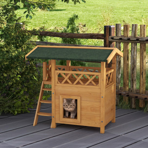 Casa para Gatos de Madera 77x50x73 cm Caseta para Gatos de 2 Niveles Refugio para Gatos con Techo Asfáltico Escalera y Balcón para Exterior Natural