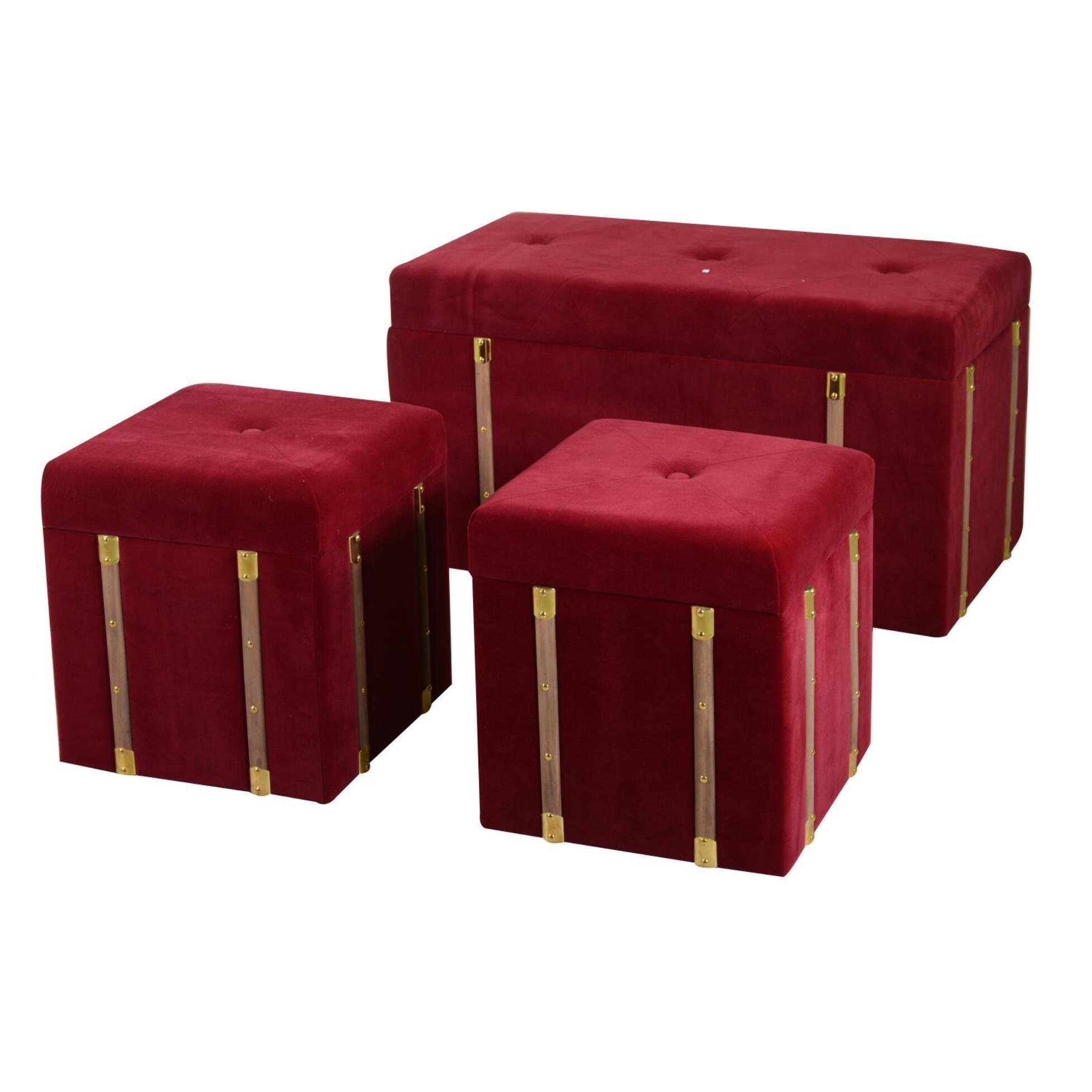 Baule con 2 Pouf Vacchetti in velluto bordeaux cm80x40h44