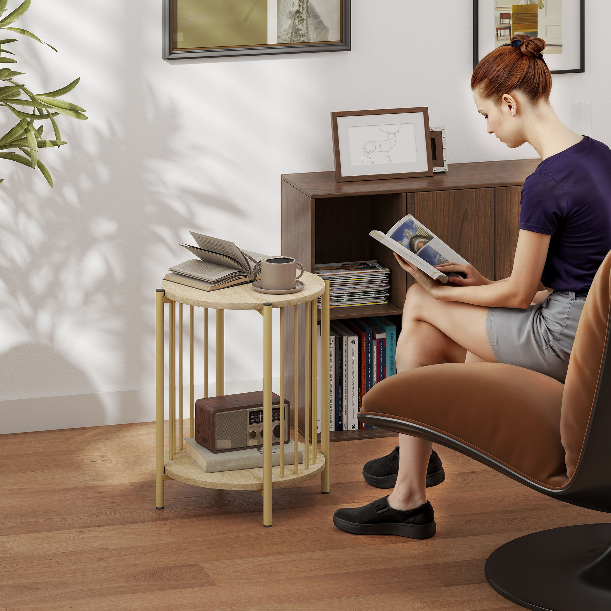 Mesa Auxiliar Redonda de 2 Niveles Mesita Auxiliar Moderno con Estante de Almacenaje y Estructura de Acero para Salón Dormitorio Ø41x49 cm Natural