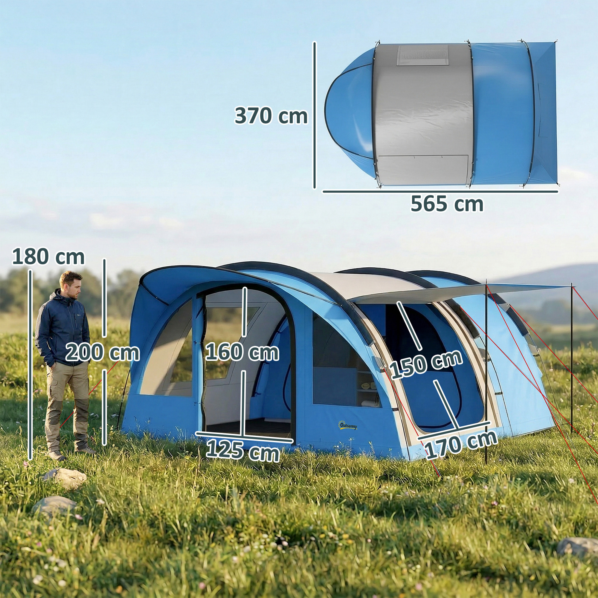 Tente camping tunnel 4 pers. imperméable 3000mm - 5,65x3,70x2m - bleu