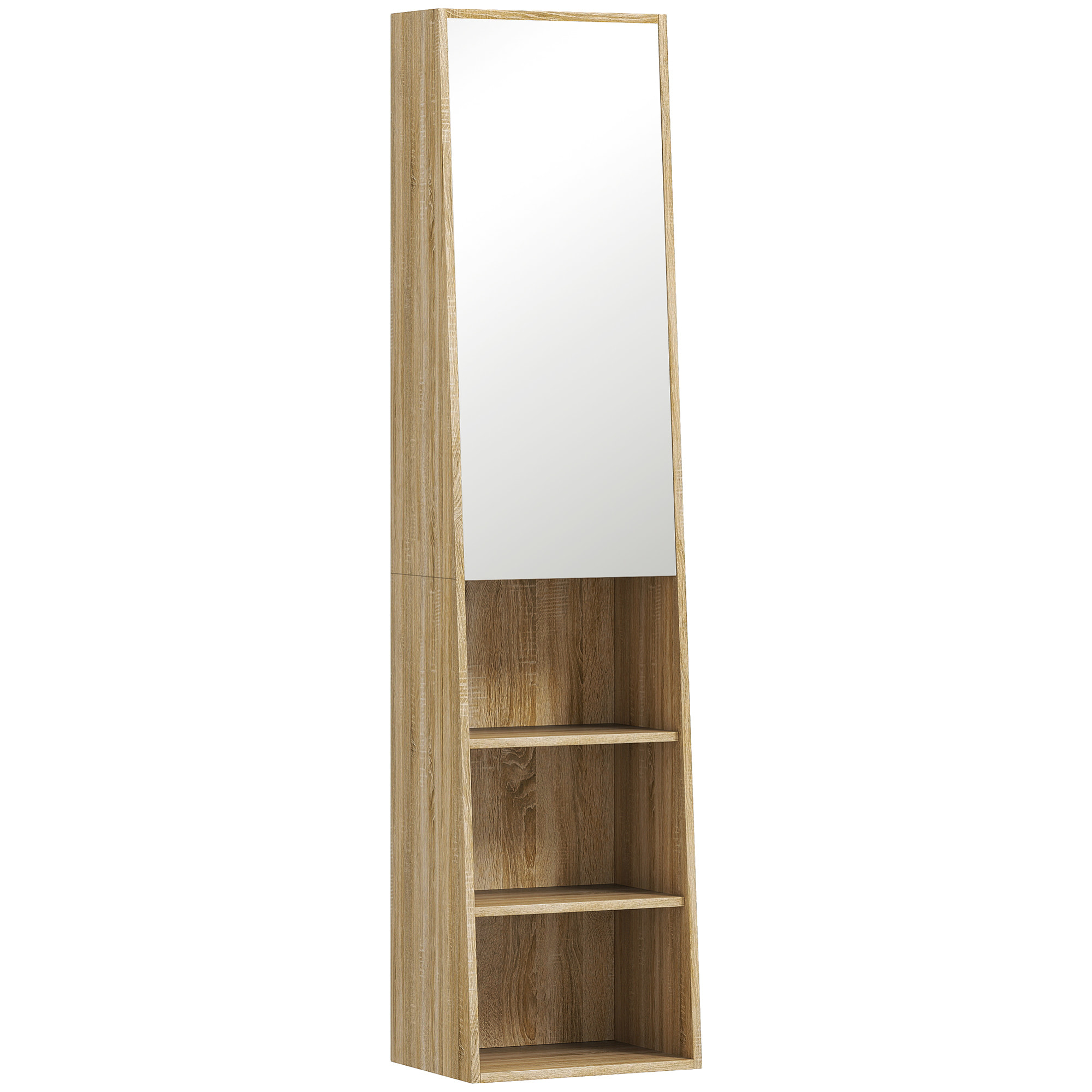 Colonne salle de bain design forme trapézoïdale avec miroir H. 165 cm - porte, 3 étagères, 3 niches - effet bois clair