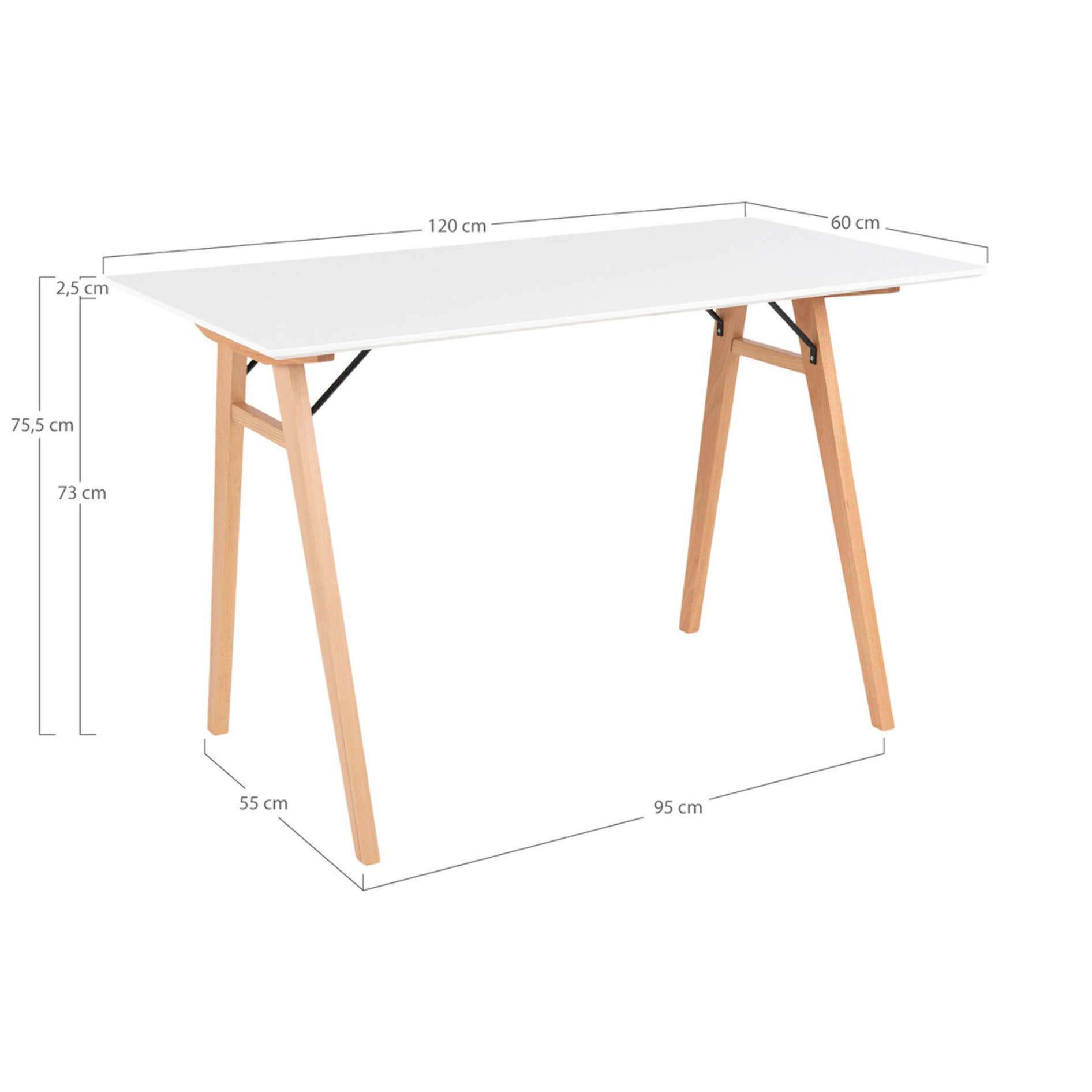 Scrivania Vojens bianca con gambe in legno naturale, 120×60×75 cm