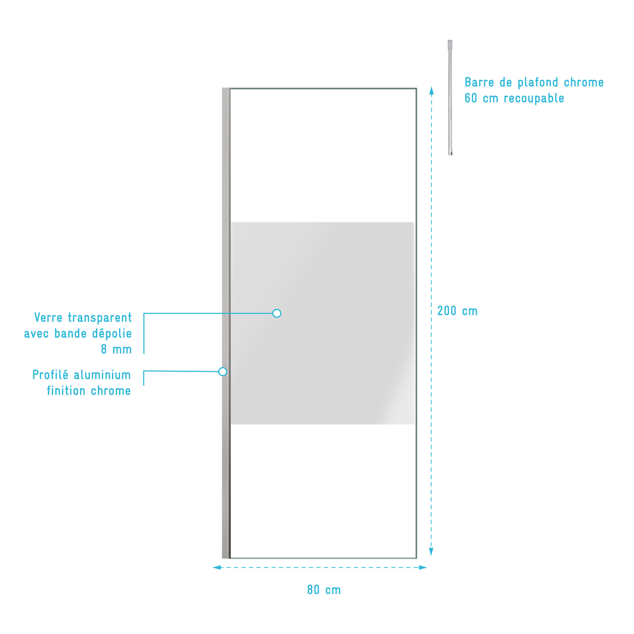 Paroi de Douche 80x200cm Dépolie - Profilé + Barre Plafond Finition Chrome - FREEDOM 2 FROSTED