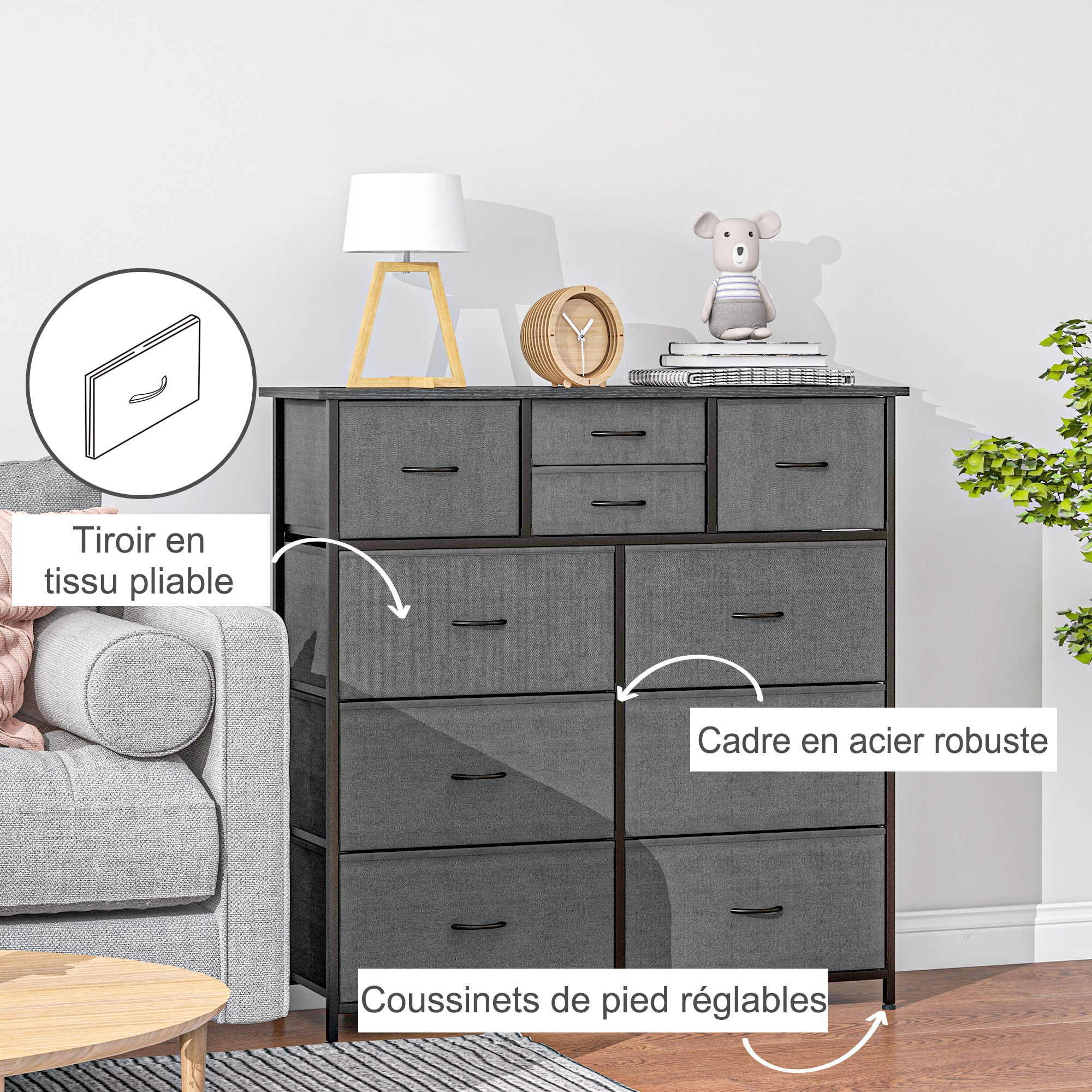 Meuble de rangement commode 10 tiroirs plateau acier MDF non tissé noir