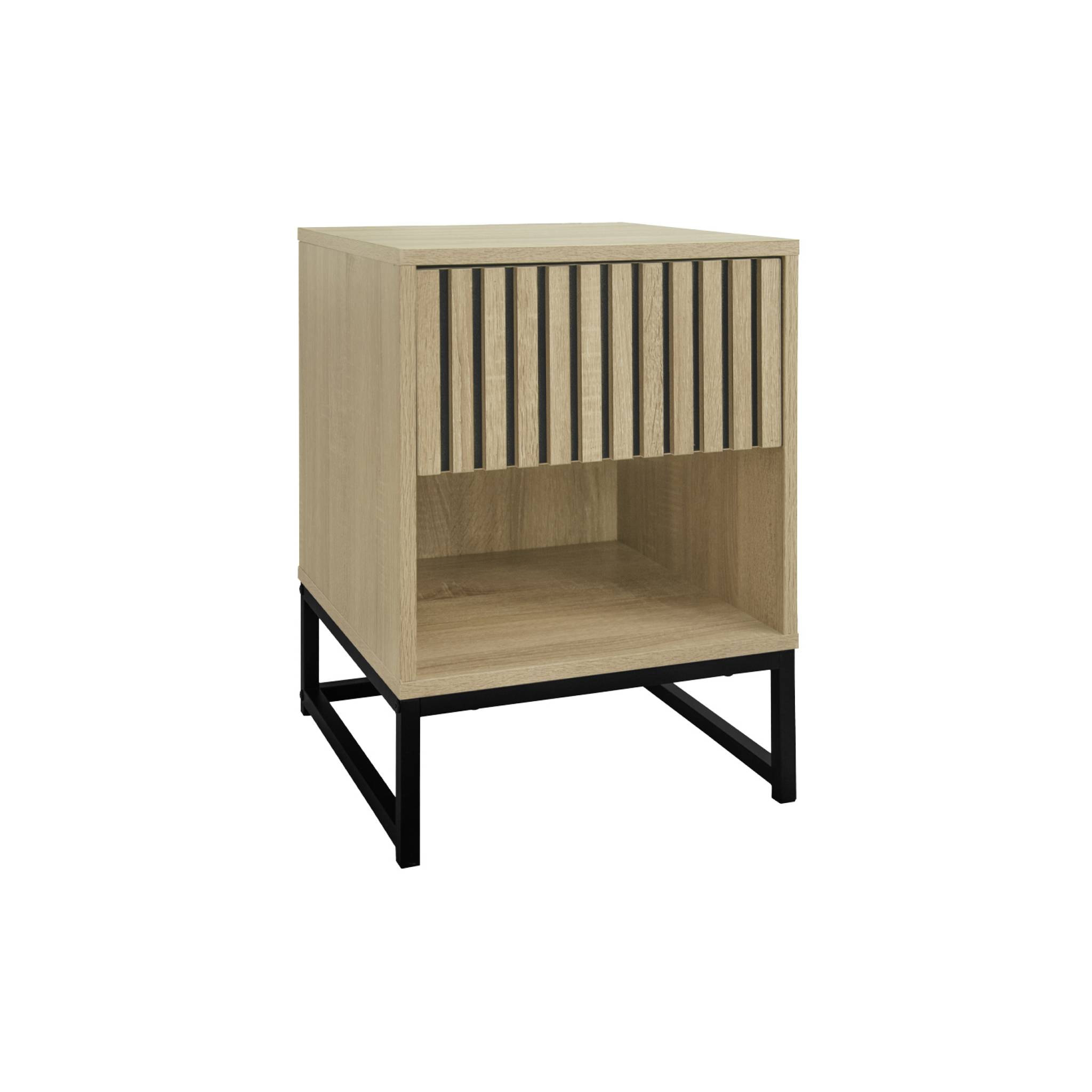 Table de chevet style contemporain avec 1 tiroir effet bois rainuré (système d'ouverture par pression) et 1 niche. piètement en métal noir