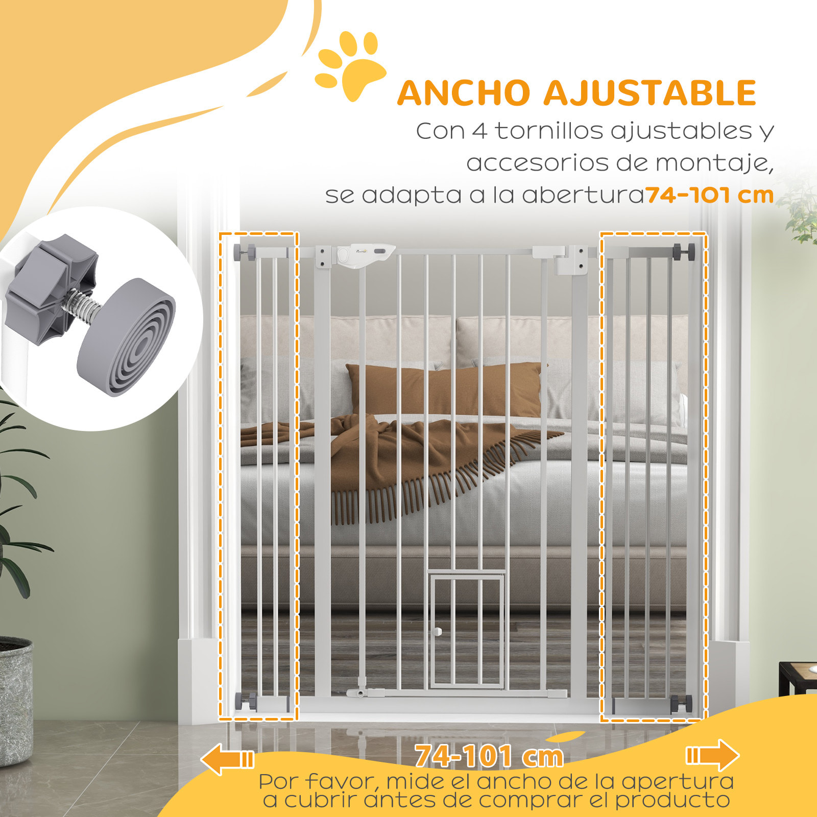 Barrera de Seguridad para Perros con 1 Puerta Pequeña Barrera para Mascotas Extensible con Cierre Automático y Sistema de Doble Bloqueo para Puerta Pasillo Escalera 74-101x104,1 cm Blanco