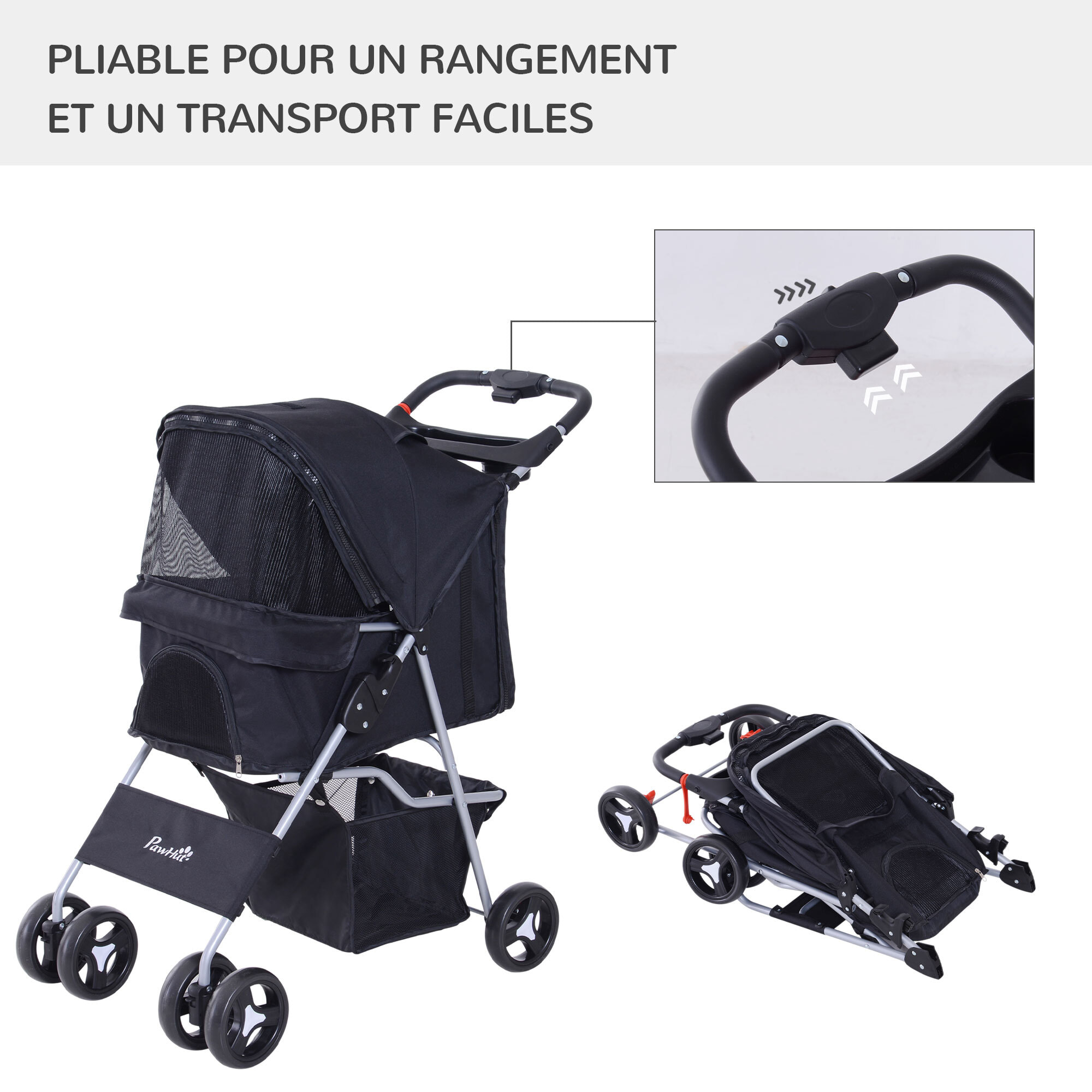 Poussette buggy pour chiens 75L x 46l x 94H cm pliable imperméable tissu 600D Oxford 4 roues noir