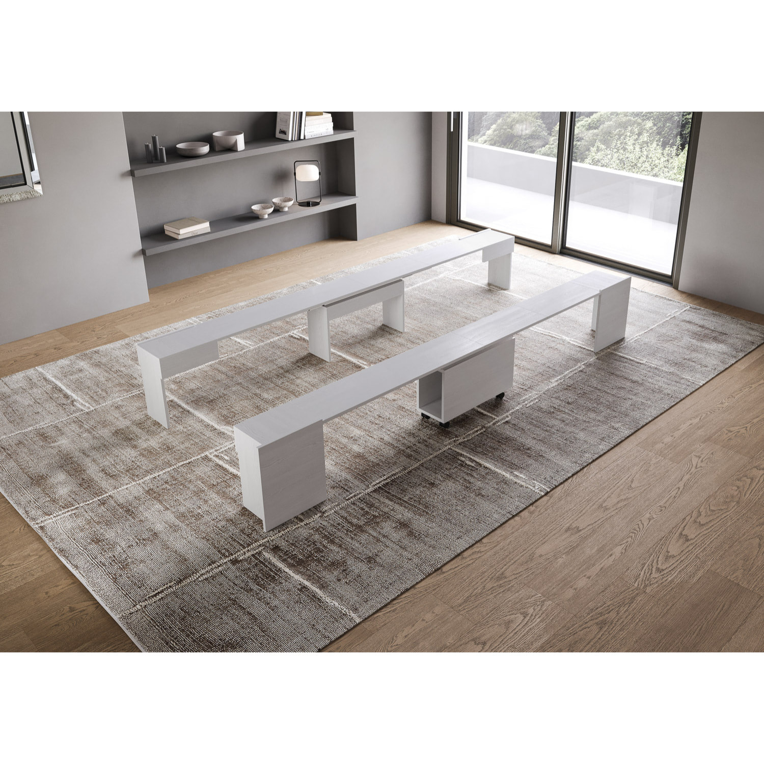 Consolle allungabile 90x42/302 cm Evolve Bianco Frassino allunghe interne con panca inferiore e superiore