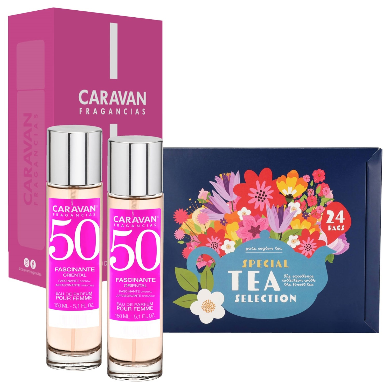Caravan set de 2 fragancias de mujer nº50 + caja regalo caravan + selección especial de té con 24 bolsitas