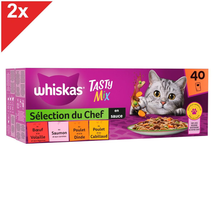 WHISKAS Tasty Mix 80 Sachets fraîcheur en sauce 4 variétés pour chat 85g (2x40g)