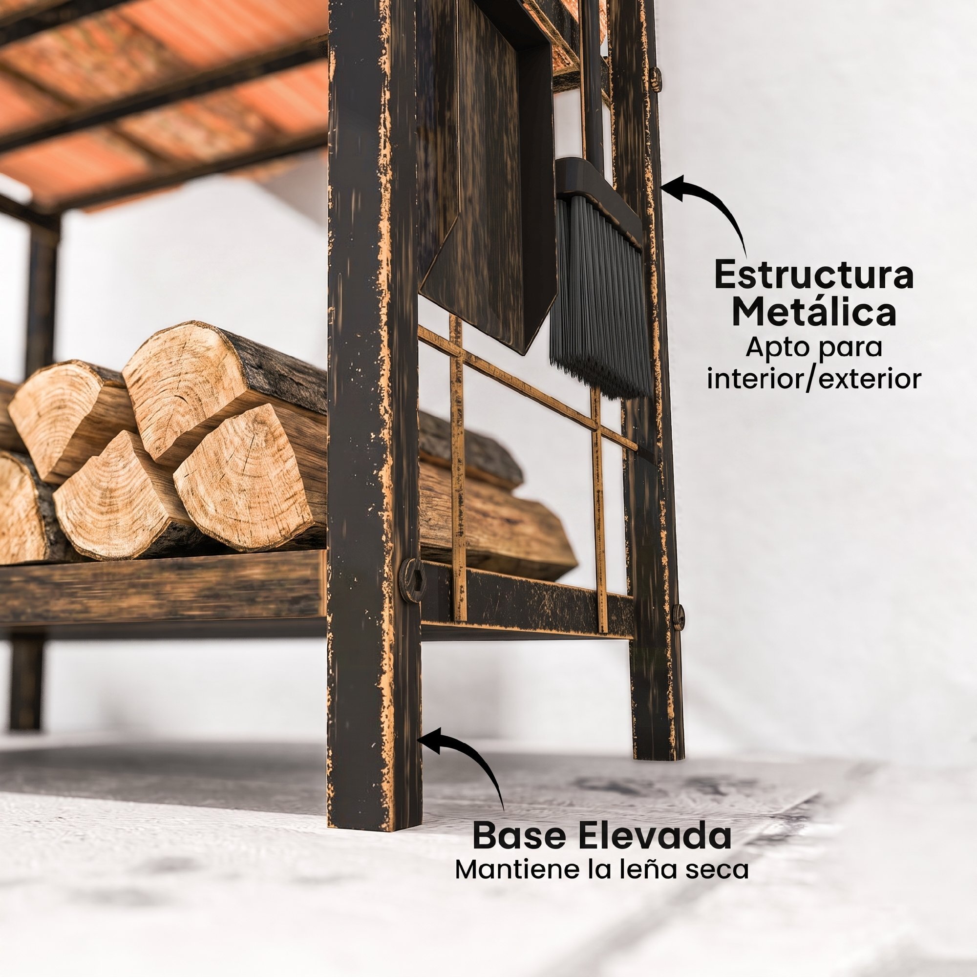 Outsunny Estante de Leña de Metal, Leñero Exterior de 2 Niveles con 4 Herramientas para Chimenea y Ganchos, Soporte para Leña de Chimenea para Interior y Exterior, Carga 100 kg, 43x30x74 cm, Marrón