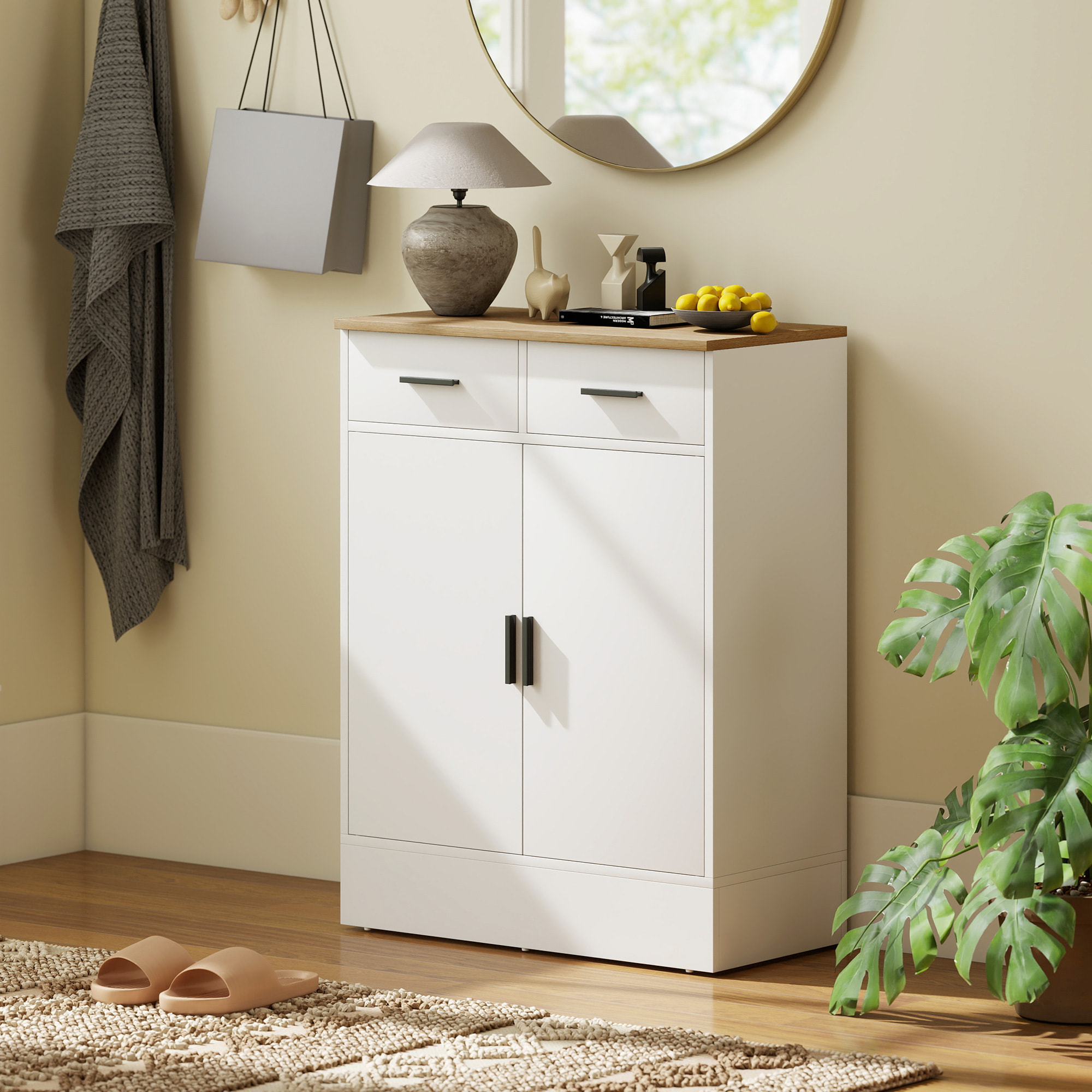 Aparador de 2 Puertas, Aparador de Salón con 2 Cajones y Estantes Ajustables, para Cocina, Entrada, Dormitorio, Blanco y Natural, 68,6x35x90,3 cm