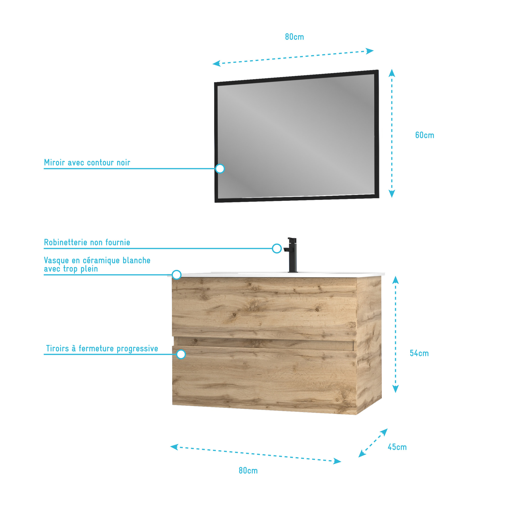 Meuble salle de bain 80x54 - Finition chene naturel + vasque blanche + miroir - TIMBER 80 - Pack 35
