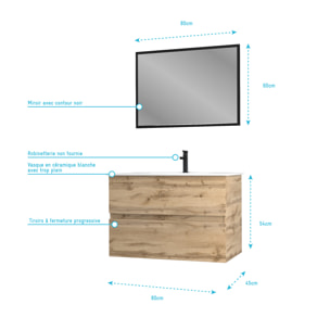 Meuble salle de bain 80x54 - Finition chene naturel + vasque blanche + miroir - TIMBER 80 - Pack 35