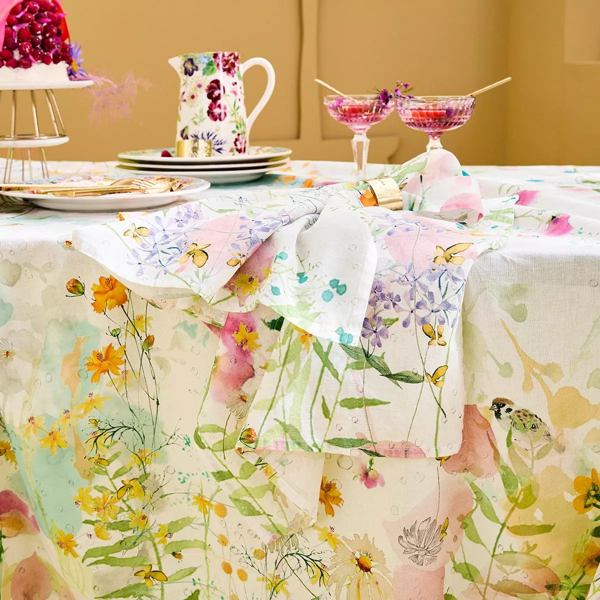 Serviette lin & coton lavé 150 g/m² imprimé rose vert Rosee du matin printemps