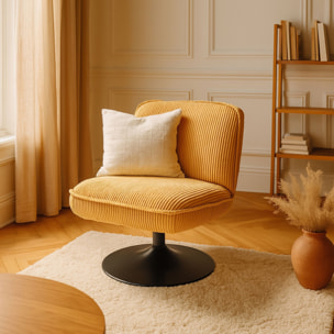 Fauteuil pivotant en velours jaune et pied en métal noir FUNKY