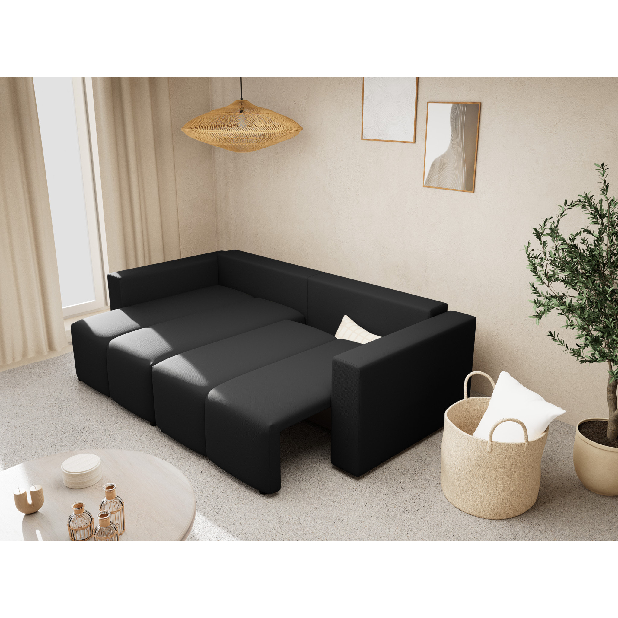 Daryl - canapé d'angle réversible 4 places convertible avec coffre en tissu texturé - Noir