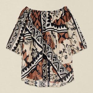 Oltre - Blusa off-shoulders in mussola fantasia - Beige